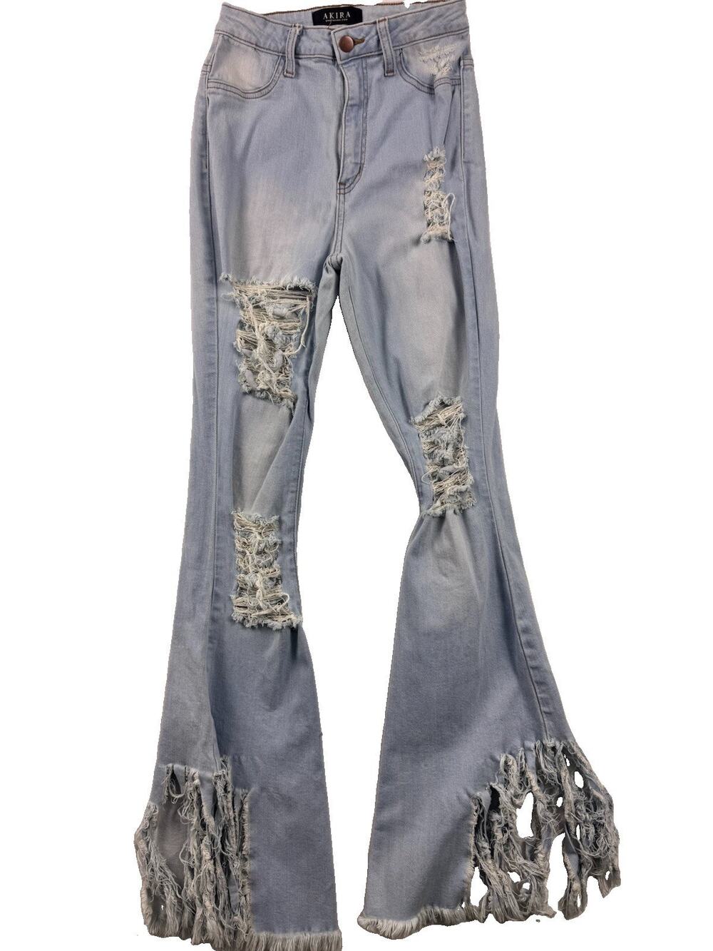 AKIRA Women’s Light Wash Distressed Flare Jeans Ripped Knees Fringe Hem Size 9